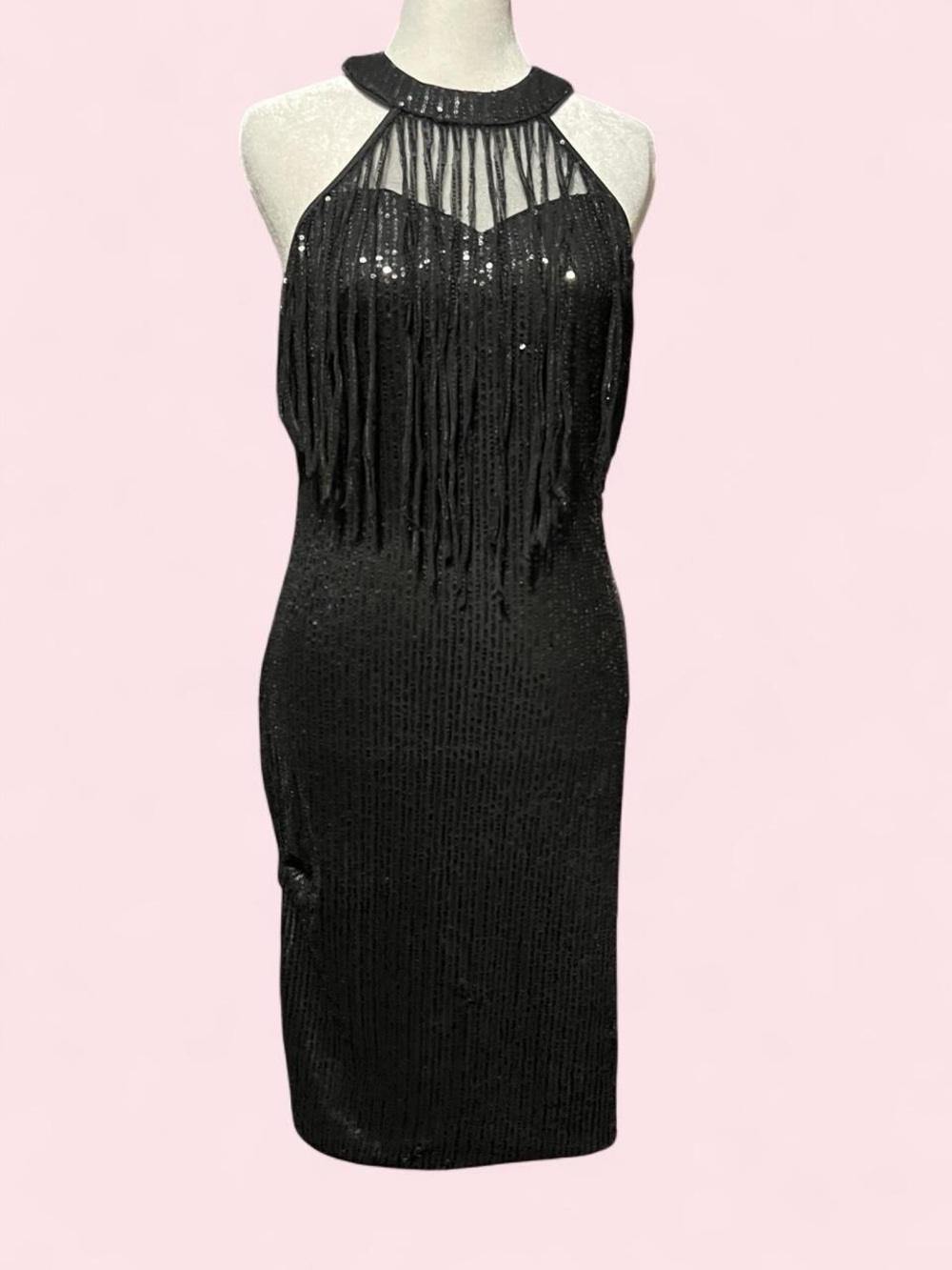 Medium Fringed Halter Sequin Bodycon Dress - Black